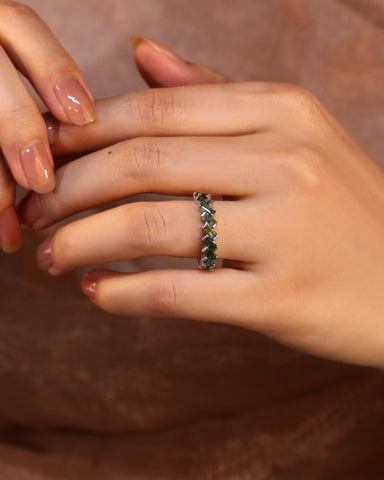 HUMELO Baguette Cut Moss Agate Half eternity Wedding Band Art Deco Promise Ring