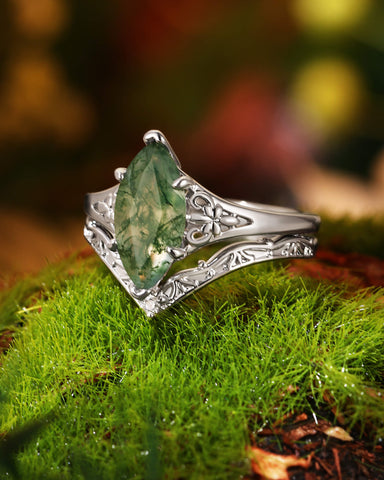 NEPHELE Nature Inspired Moss Agate Marquise Art Deco Style Ring Set