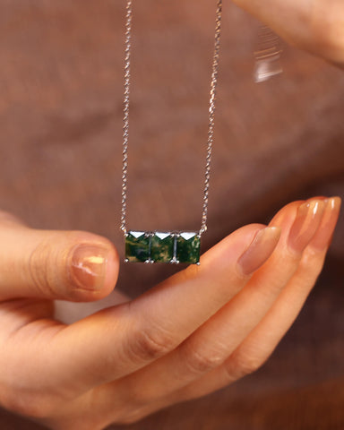 BOSCLYN Three Stone Minimalist Rectangle Moss Agate Necklace