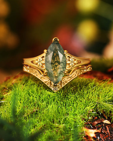 NEPHELE Nature Inspired Moss Agate Marquise Art Deco Style Ring Set