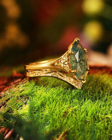 NEPHELE Nature Inspired Moss Agate Marquise Art Deco Style Ring Set