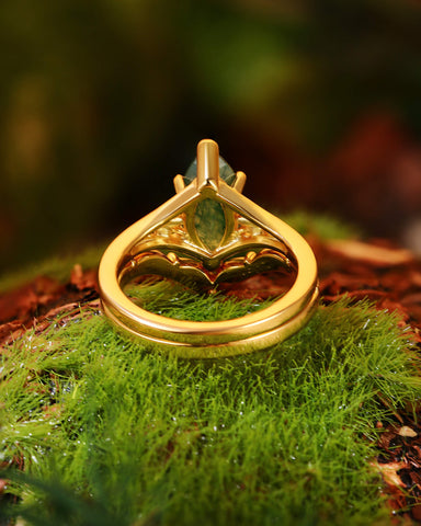 NEPHELE Nature Inspired Moss Agate Marquise Art Deco Style Ring Set
