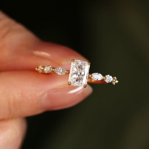 ELIZABETH Radiant Cut Promise Ring Marquise Accents Dainty Engagement Ring