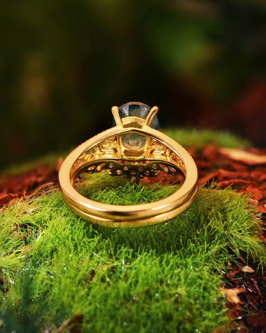 OPHIRA Vintage Floral Oval Shaped Moss Agate Engagement Ring Set
