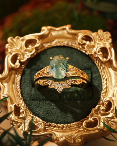 OPHIRA Vintage Floral Oval Shaped Moss Agate Engagement Ring Set