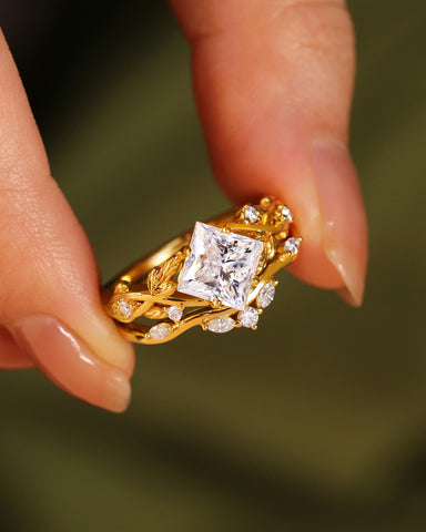 TARIAN Princess Cut Moissanite Wedding Ring Nature Inspired Bridal Ring Set