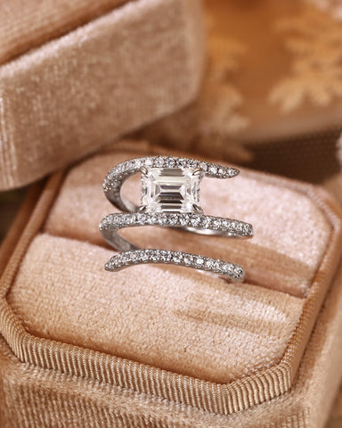 EVELINA Emerald Cut Moissanite Three Layers Wrapping Shank Pave Engagement Ring