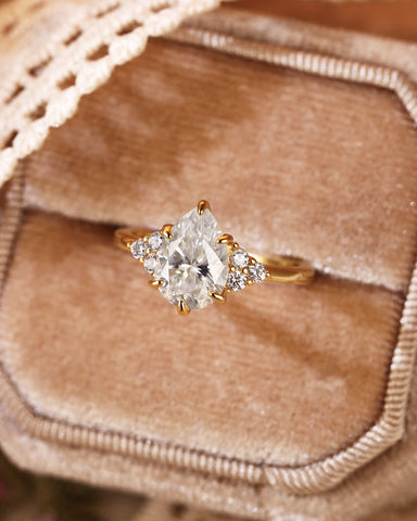 NIVARA Three Stone Pear Cut Moissanite Cluster Engagement Ring