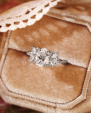 LUNE Pear Cut Moissanite Cluster Leafy Engagement Ring
