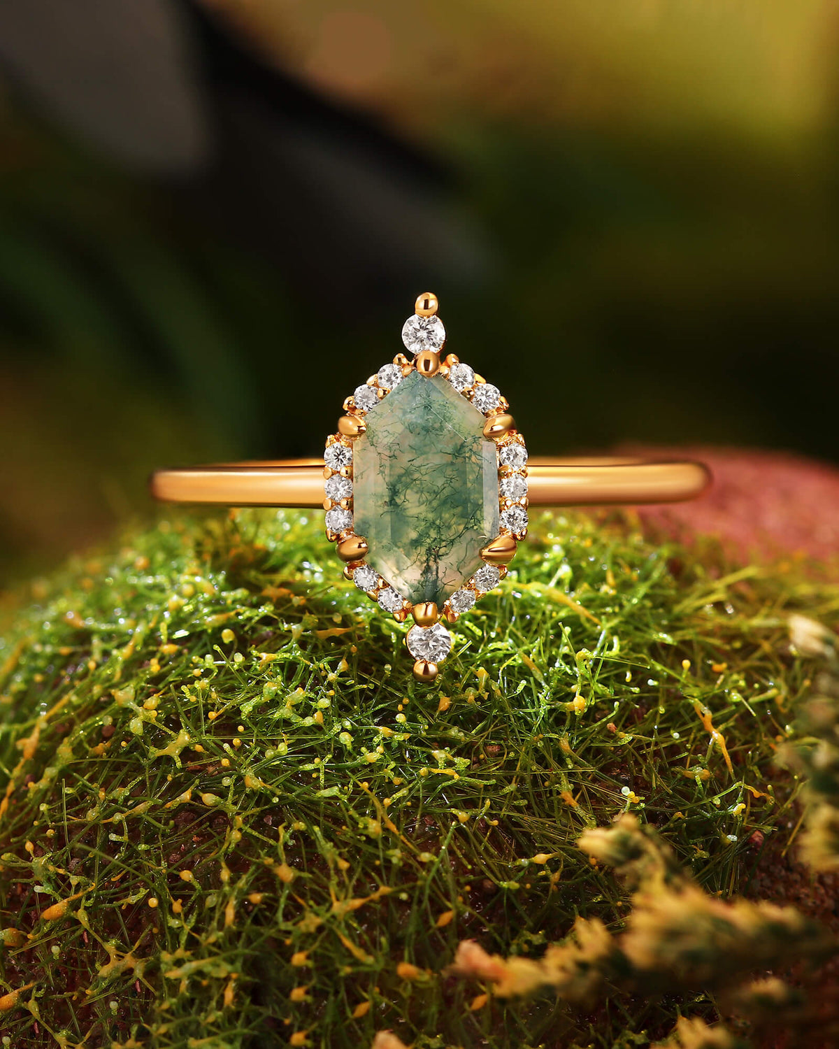 LILAC Hexagon Cut Moss Agate Vintage Halo Engagement Ring