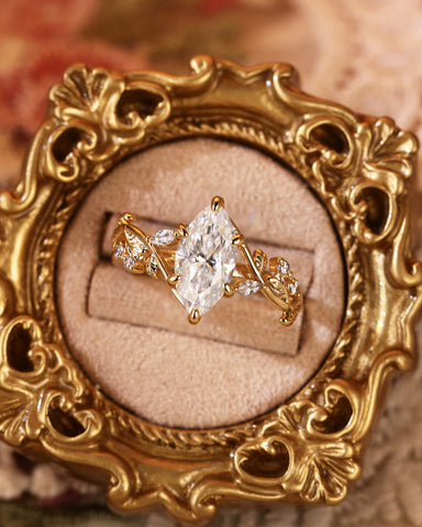 QUEENETH Nature Inspired Leafy Marquise Cut Moissanite Engagement Ring