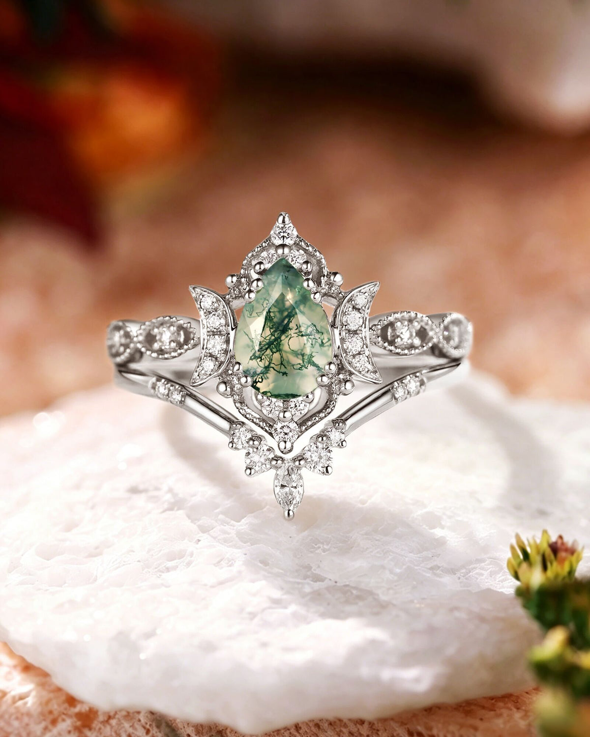 LUNARIA Unique Moonlight Moss Agate Pear Cut Vintage Engagement Ring Sets 2pcs