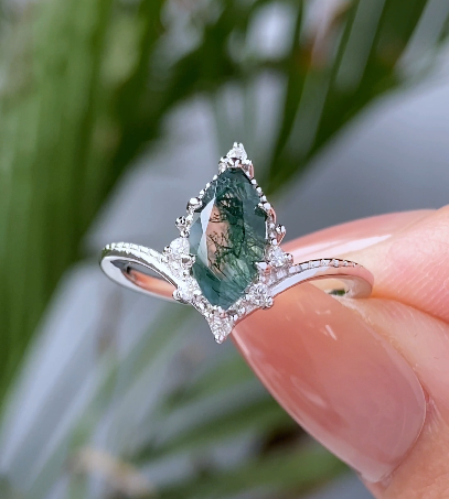 ZELDA Curved Marquise Cut Moss Agate Engagement Ring