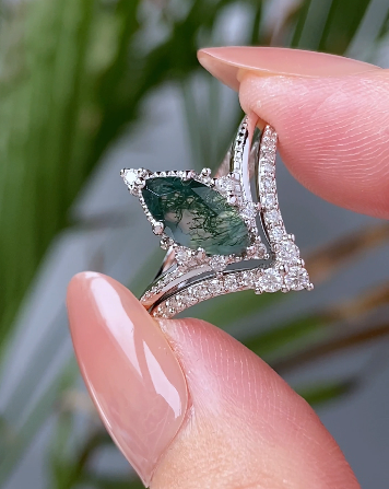 CELIA Natuer Inspired Marquise Cut Moss Agate Engagement Ring Set with Curved Wedding Band