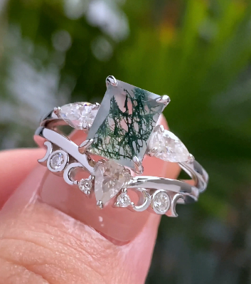 GRACE Emerald Cut Moss Agate and Moissanite Engagement Ring Set