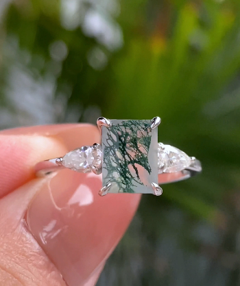 CHLOE Emerald Cut Moss Agate Engagement Ring Three Stones Ring